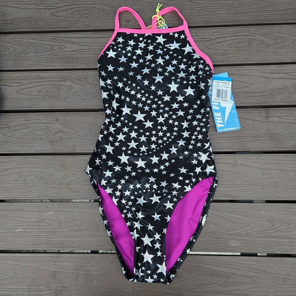 TYR The Finals Women Starbright Foil Swimsuit Wing back Black/silver Size 30 New